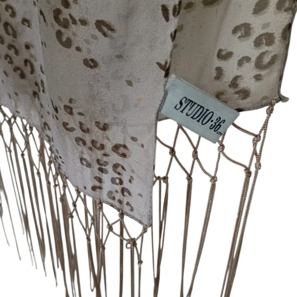 Studio 36 Tan Brown Leopard Print Fringed Scarf Lightweight Sheer‎ Animal Print